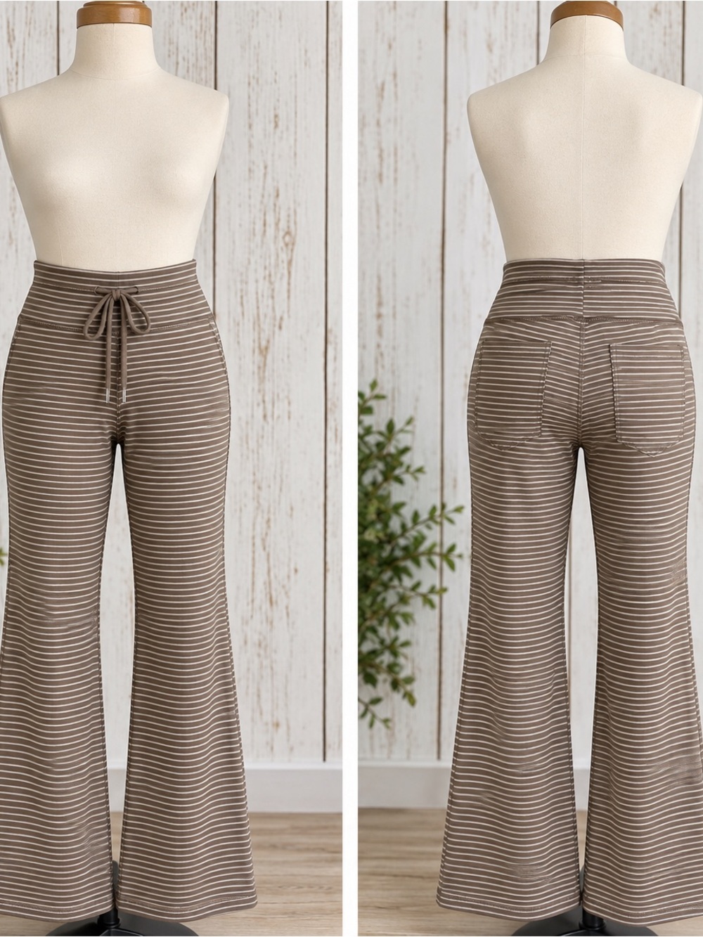 HALARA Taupe & Cream Striped High-Waist Flare Pants